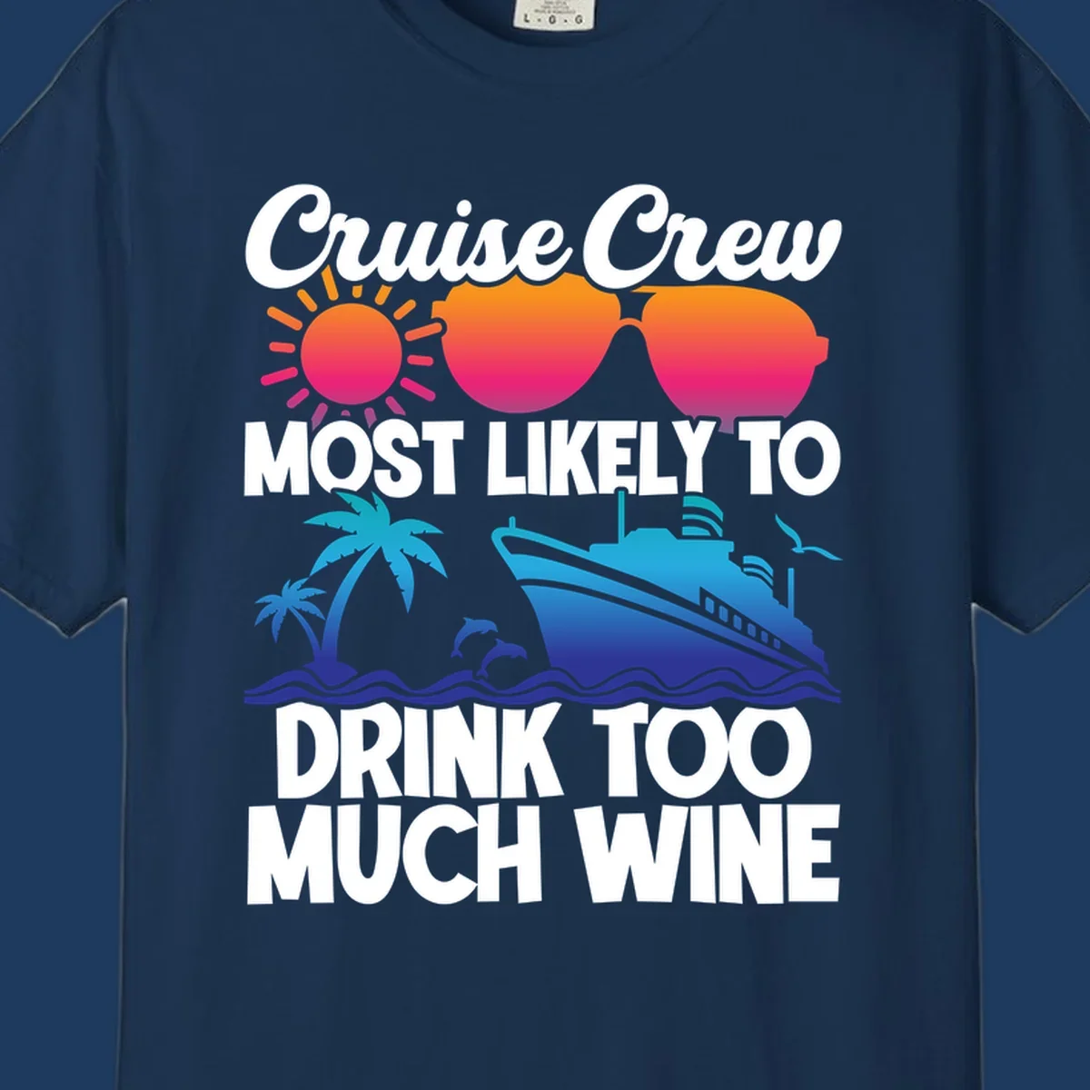 Cruise crew wine superlative design with sunglasses, sun, palm tree, dolphins, and ship on tropical ocean background