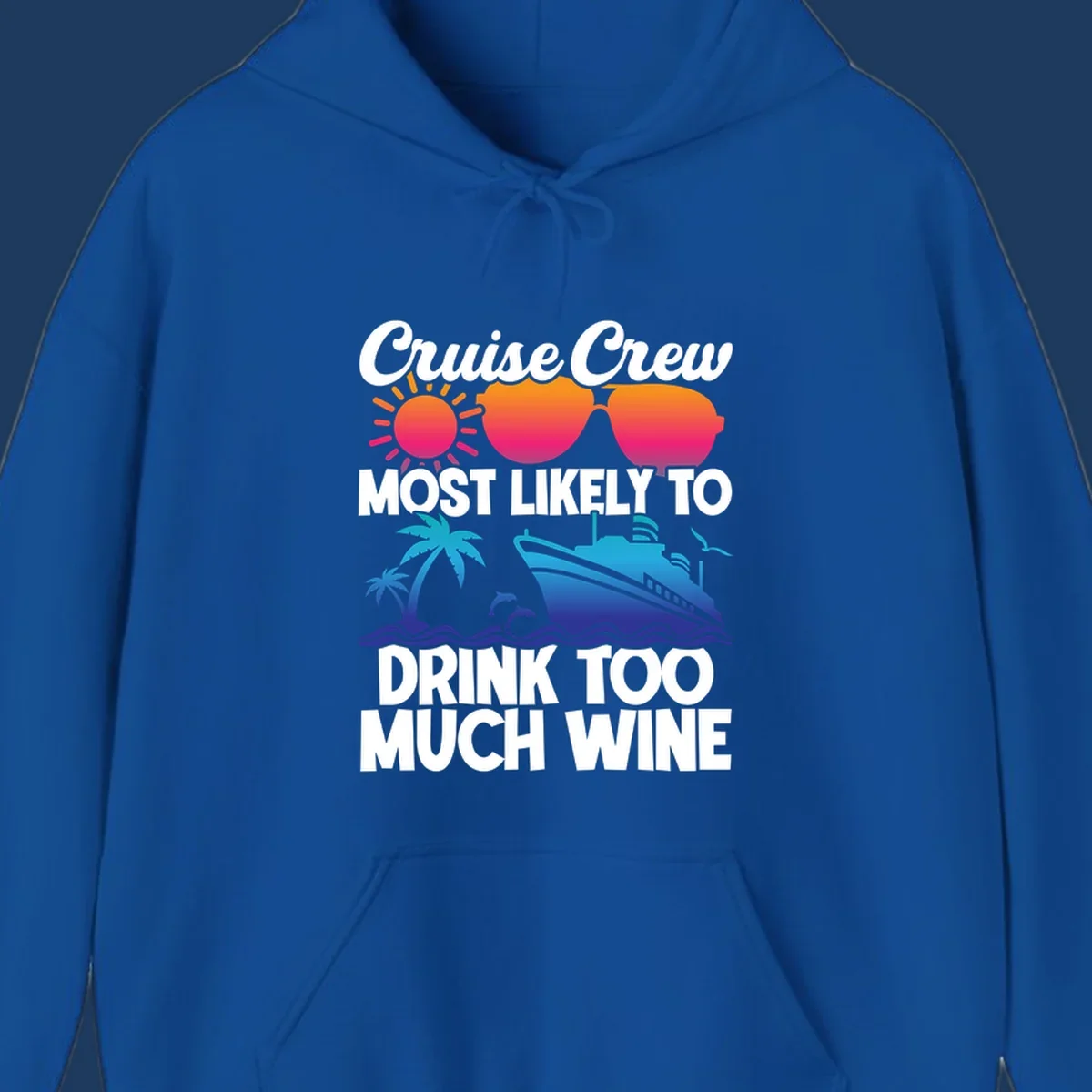 Cruise crew wine superlative design with sunglasses, sun, palm tree, dolphins, and ship on tropical ocean background