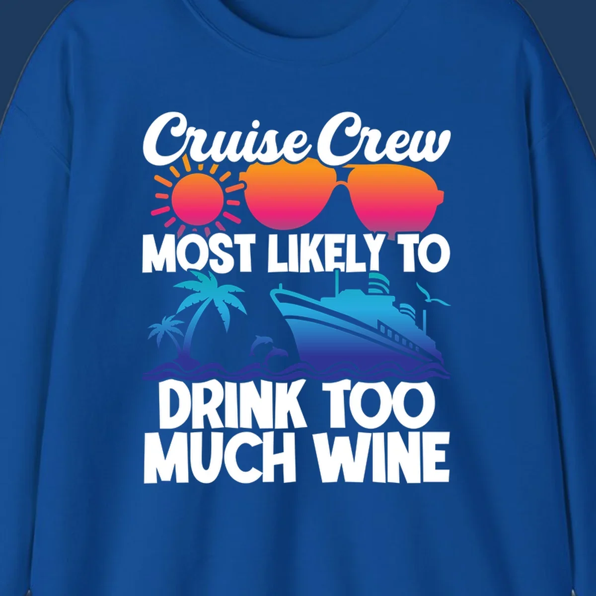 Cruise crew wine superlative design with sunglasses, sun, palm tree, dolphins, and ship on tropical ocean background