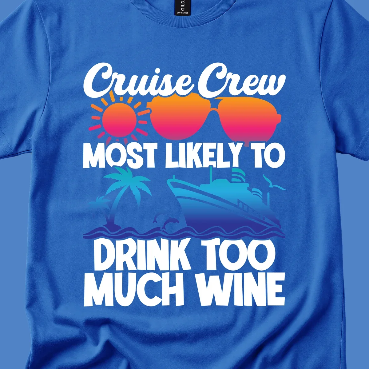Cruise crew wine superlative design with sunglasses, sun, palm tree, dolphins, and ship on tropical ocean background