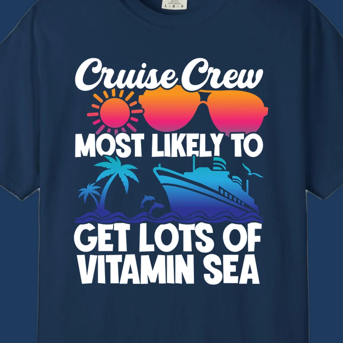 Colorful cruise crew design with sun, sunglasses, palm trees, dolphins, and ship with 'vitamin sea' text