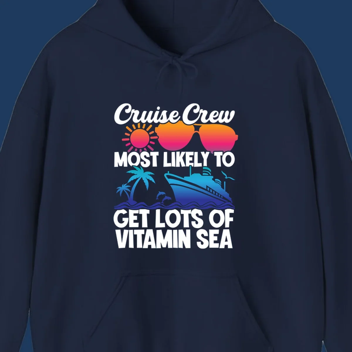 Colorful cruise crew design with sun, sunglasses, palm trees, dolphins, and ship with 'vitamin sea' text