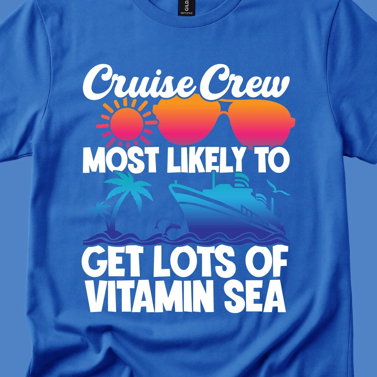 Colorful cruise crew design with sun, sunglasses, palm trees, dolphins, and ship with 'vitamin sea' text