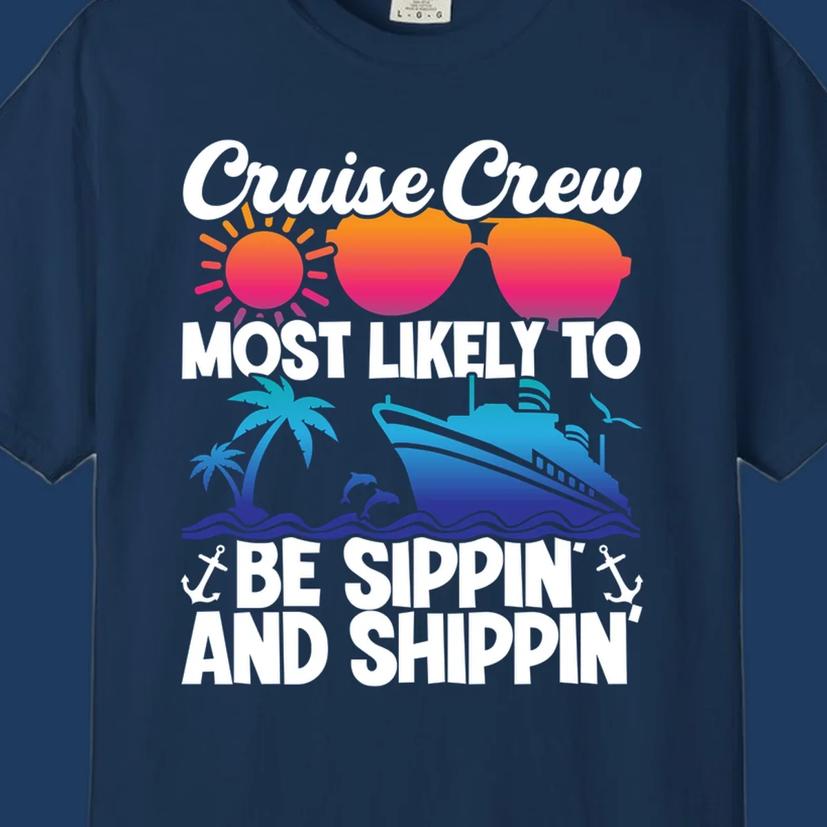 Colorful cruise design with sippin and shippin text, sun, sunglasses, ship, palm trees, dolphins, and anchors on gray background