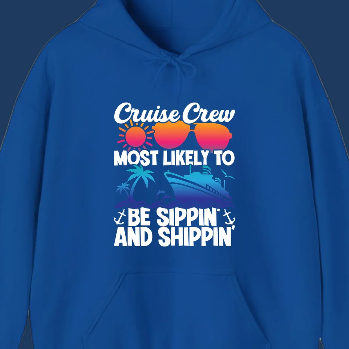 Colorful cruise design with sippin and shippin text, sun, sunglasses, ship, palm trees, dolphins, and anchors on gray background
