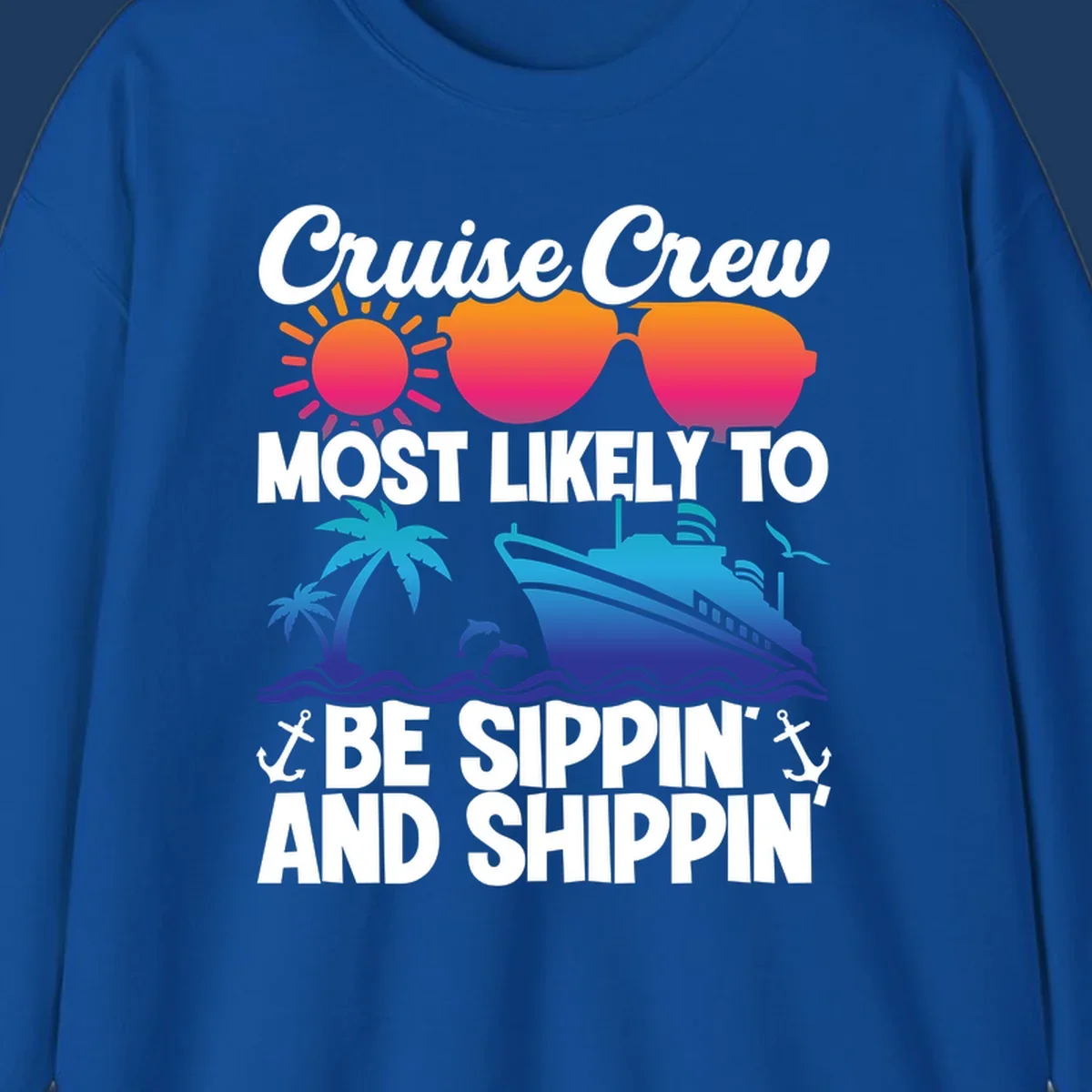 Colorful cruise design with sippin and shippin text, sun, sunglasses, ship, palm trees, dolphins, and anchors on gray background