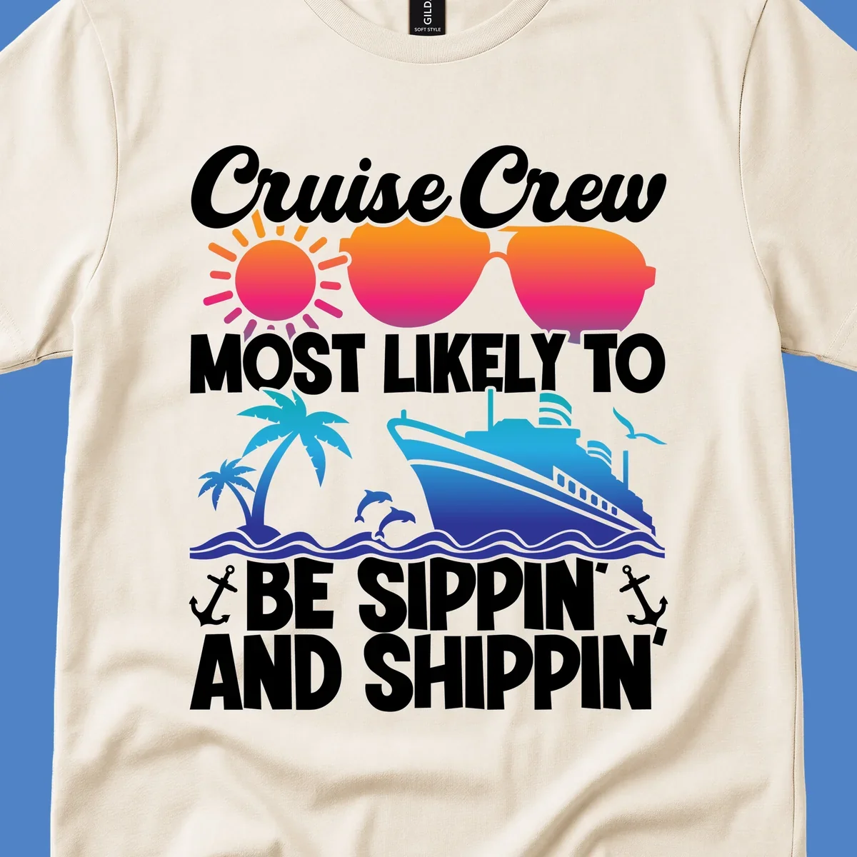 Colorful cruise design with sippin and shippin text, sun, sunglasses, ship, palm trees, dolphins, and anchors on gray background