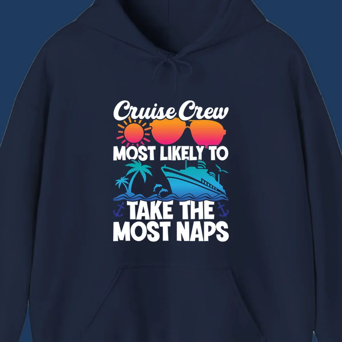 Cruise crew nap humor design with sun, sunglasses, ship, palm tree, waves and anchors illustration