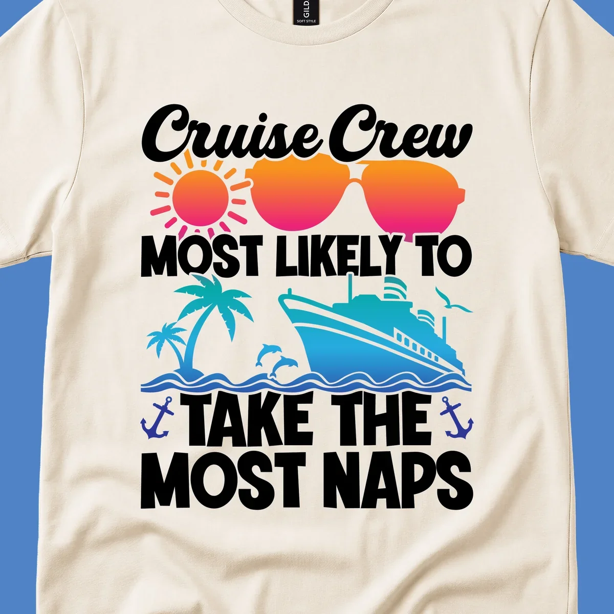 Cruise crew nap humor design with sun, sunglasses, ship, palm tree, waves and anchors illustration