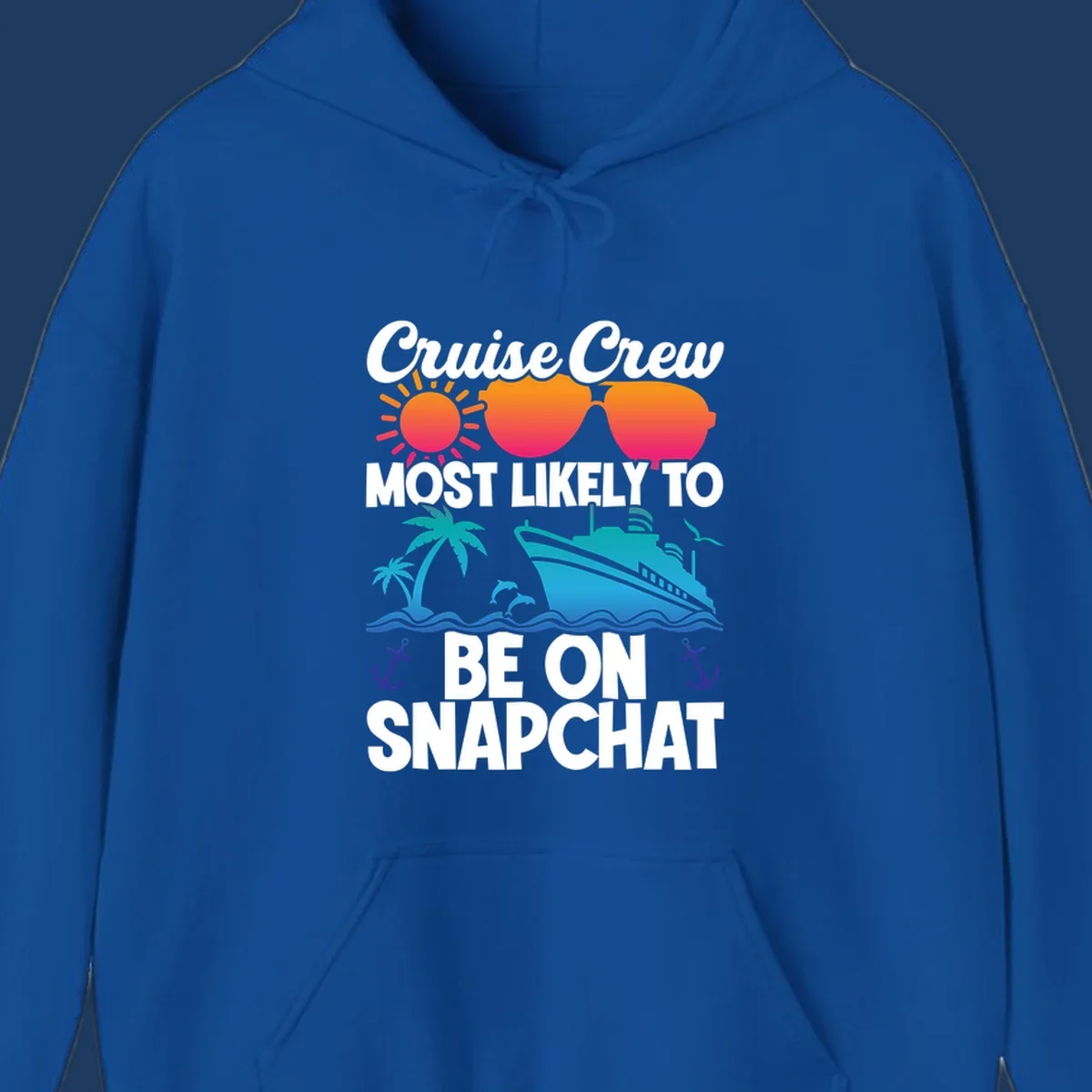 Cruise crew most likely to snapchat design with sun, sunglasses, ship, palm tree, dolphins, waves and anchors