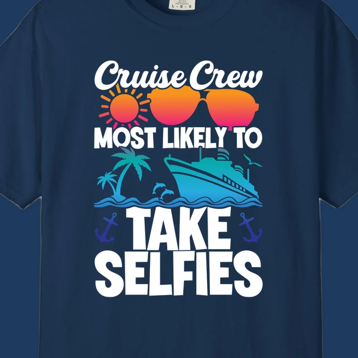 Cruise crew selfies design with sun, heart sunglasses, ship, palm tree, and anchors on gray background