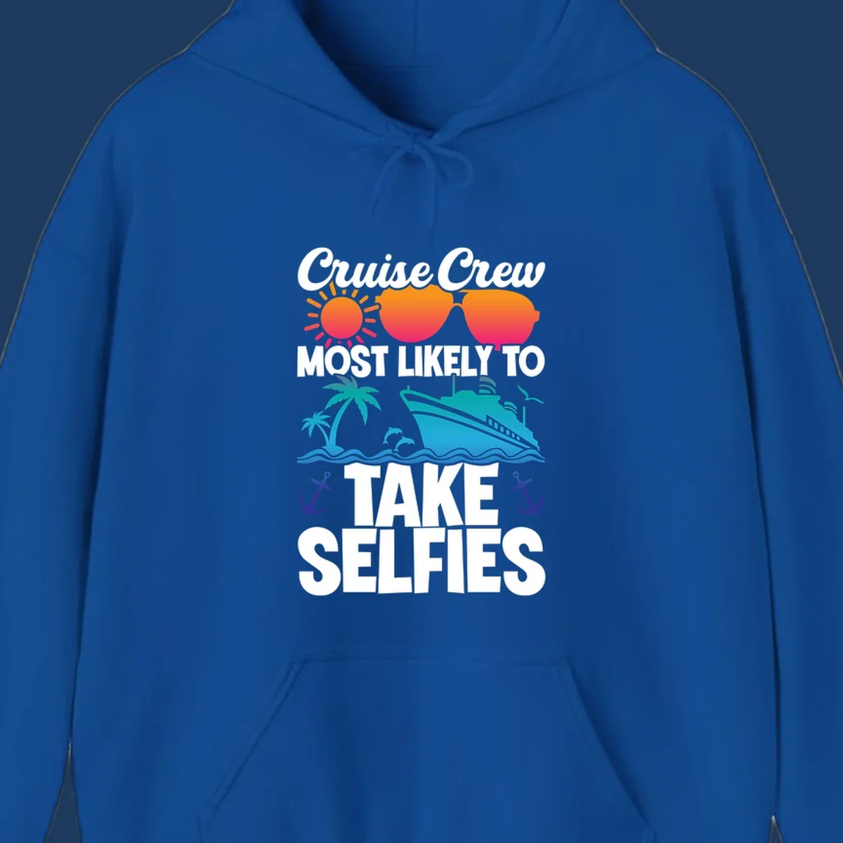 Cruise crew selfies design with sun, heart sunglasses, ship, palm tree, and anchors on gray background