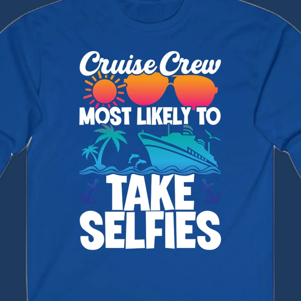 Cruise crew selfies design with sun, heart sunglasses, ship, palm tree, and anchors on gray background