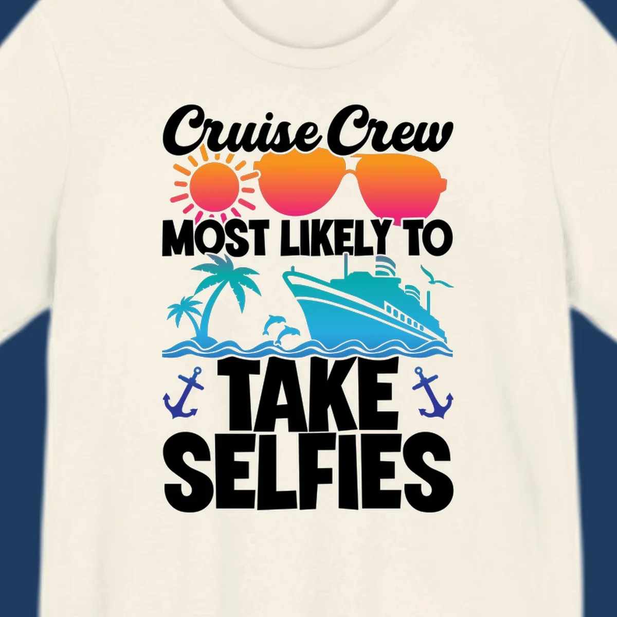 Cruise crew selfies design with sun, heart sunglasses, ship, palm tree, and anchors on gray background