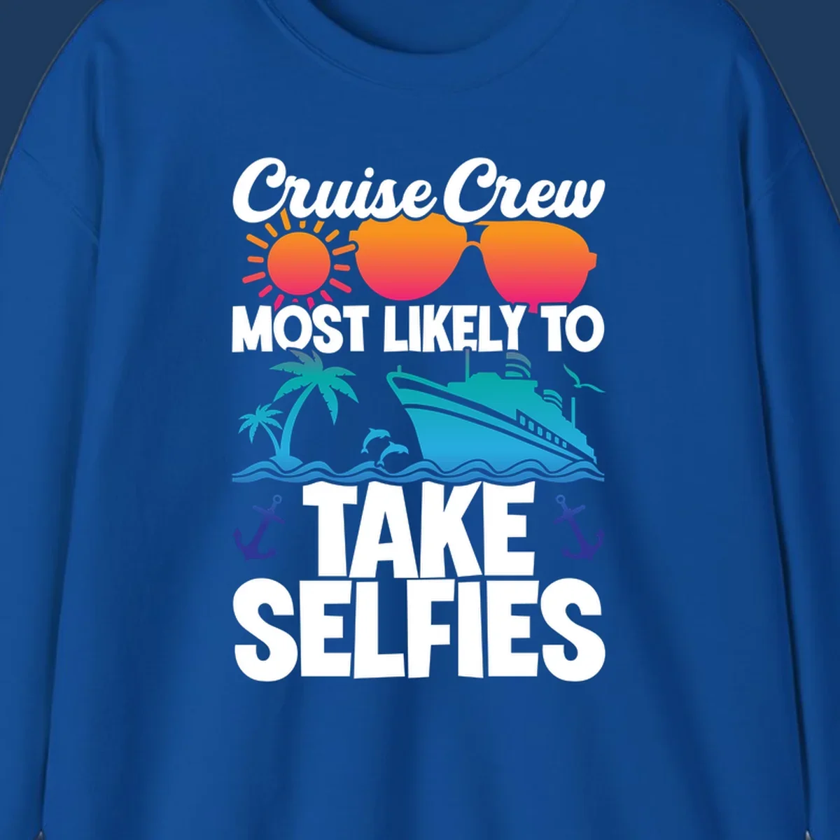 Cruise crew selfies design with sun, heart sunglasses, ship, palm tree, and anchors on gray background