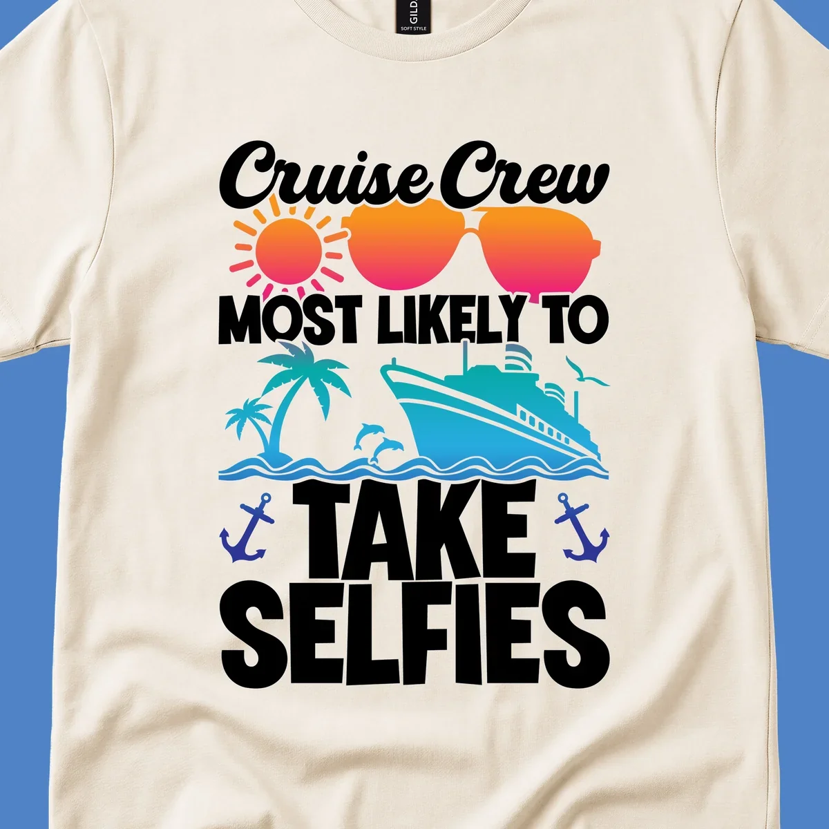 Cruise crew selfies design with sun, heart sunglasses, ship, palm tree, and anchors on gray background
