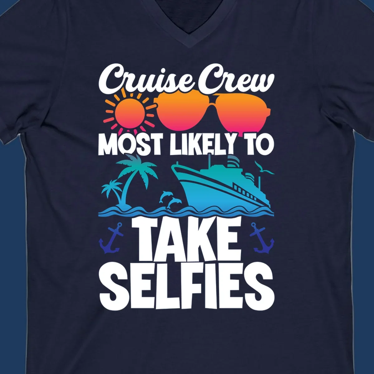 Cruise crew selfies design with sun, heart sunglasses, ship, palm tree, and anchors on gray background