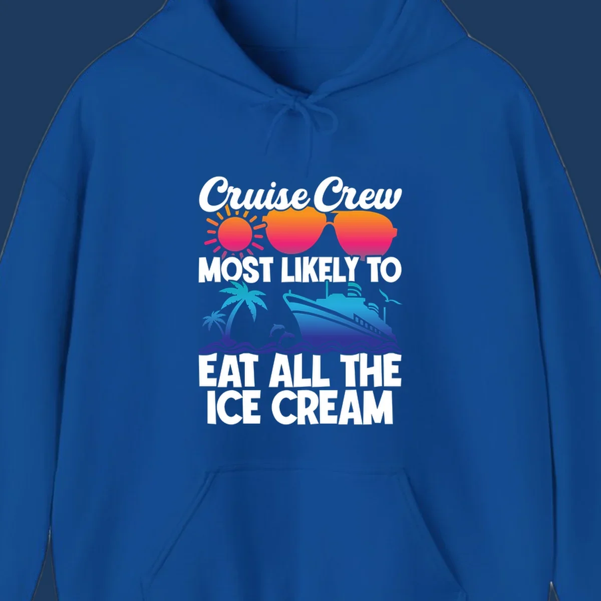 Tropical cruise design with sunglasses, sun, palm trees, ocean waves, dolphin and ship - text reads 'Cruise Crew Most Likely To Eat All The Ice Cream'