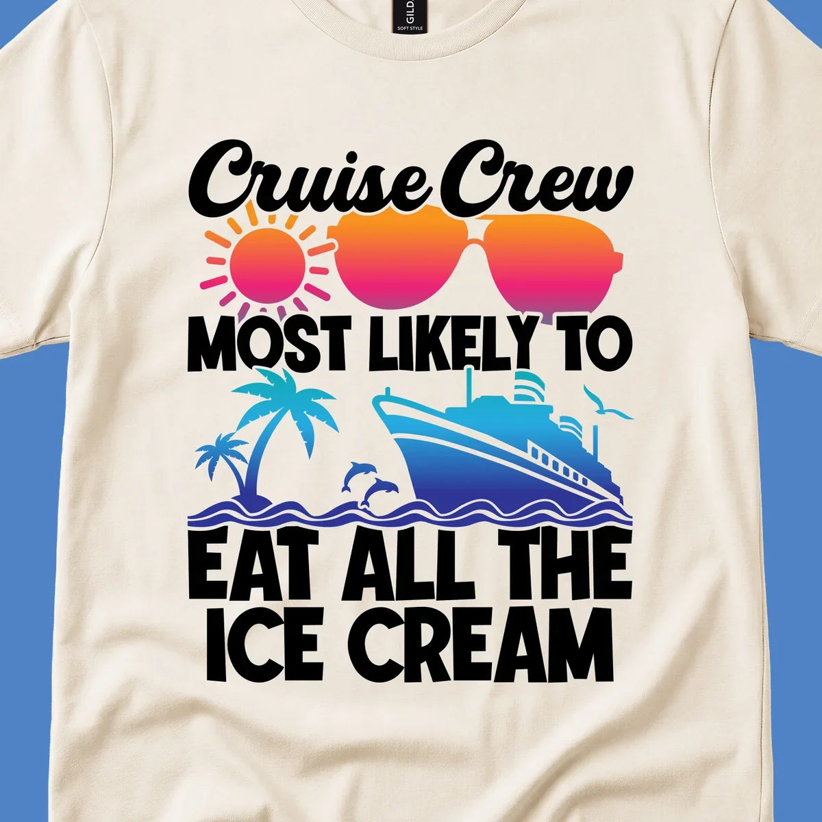 Tropical cruise design with sunglasses, sun, palm trees, ocean waves, dolphin and ship - text reads 'Cruise Crew Most Likely To Eat All The Ice Cream'