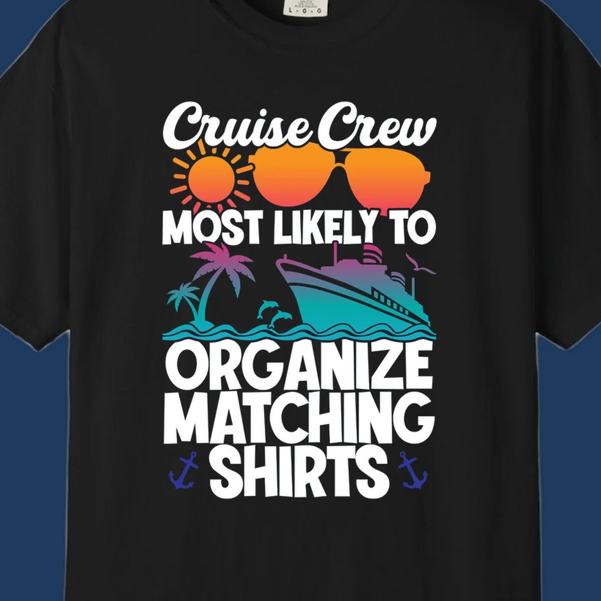 Colorful cruise crew matching shirts design with sun, heart sunglasses, ship, palm tree, waves and anchors on gray background