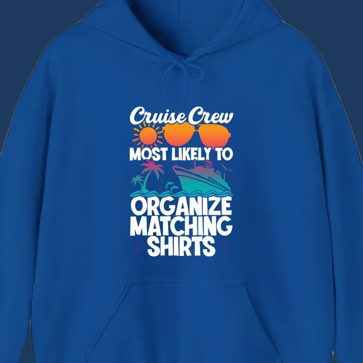 Colorful cruise crew matching shirts design with sun, heart sunglasses, ship, palm tree, waves and anchors on gray background