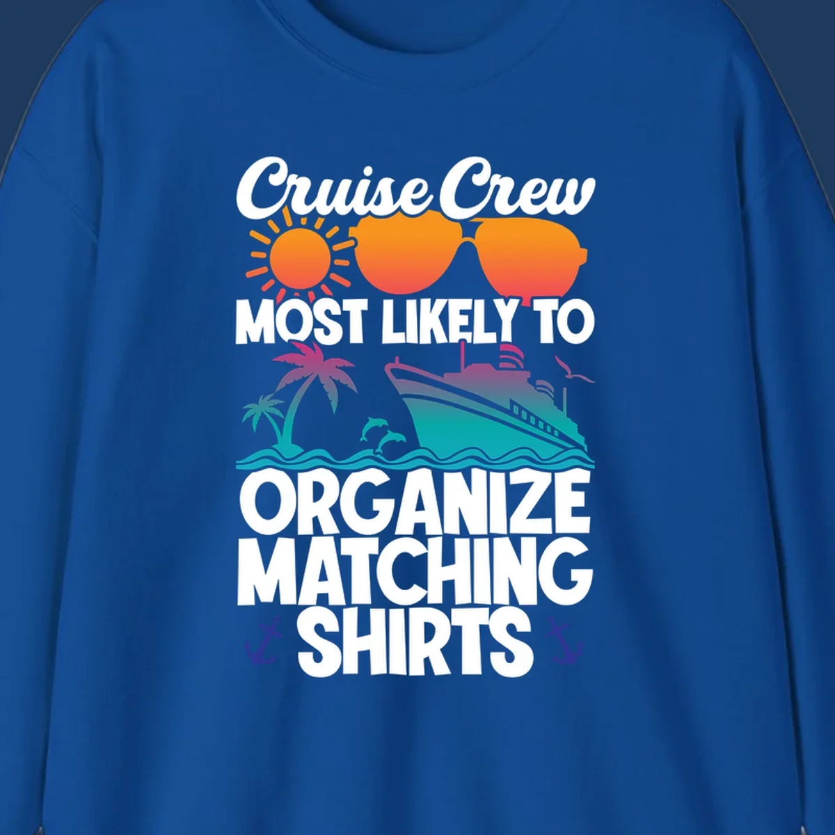 Colorful cruise crew matching shirts design with sun, heart sunglasses, ship, palm tree, waves and anchors on gray background