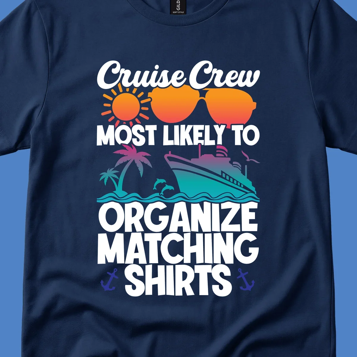 Colorful cruise crew matching shirts design with sun, heart sunglasses, ship, palm tree, waves and anchors on gray background