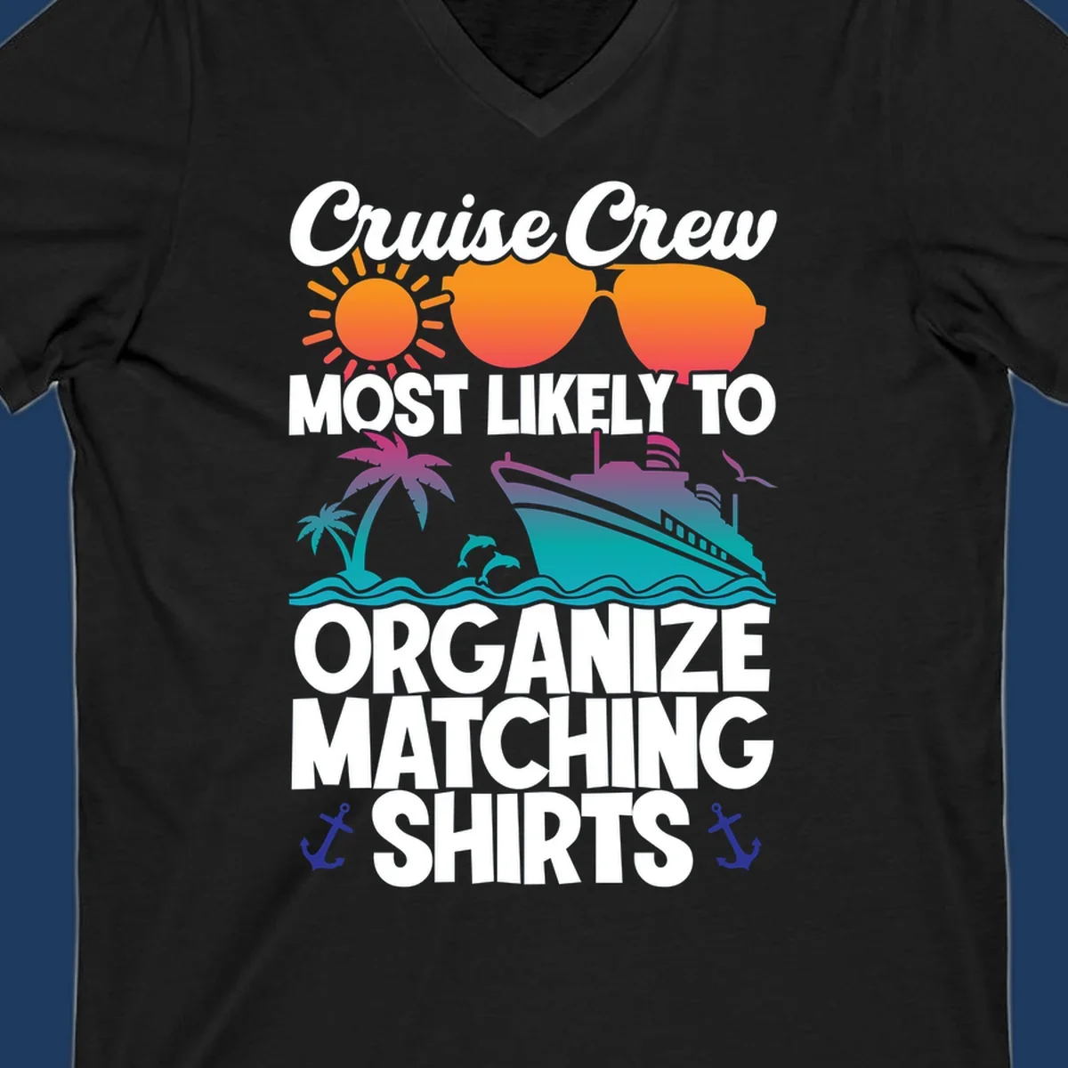 Colorful cruise crew matching shirts design with sun, heart sunglasses, ship, palm tree, waves and anchors on gray background