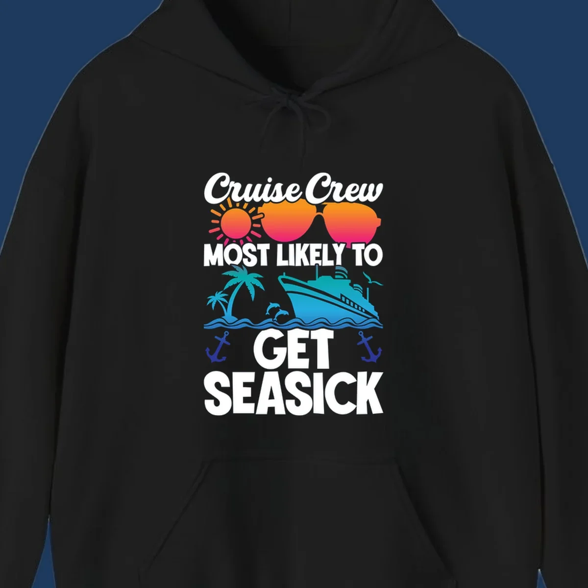 Colorful cruise-themed design with sunglasses, sun, ship, and palm trees with text reading 'Cruise Crew Most Likely To Get Seasick'