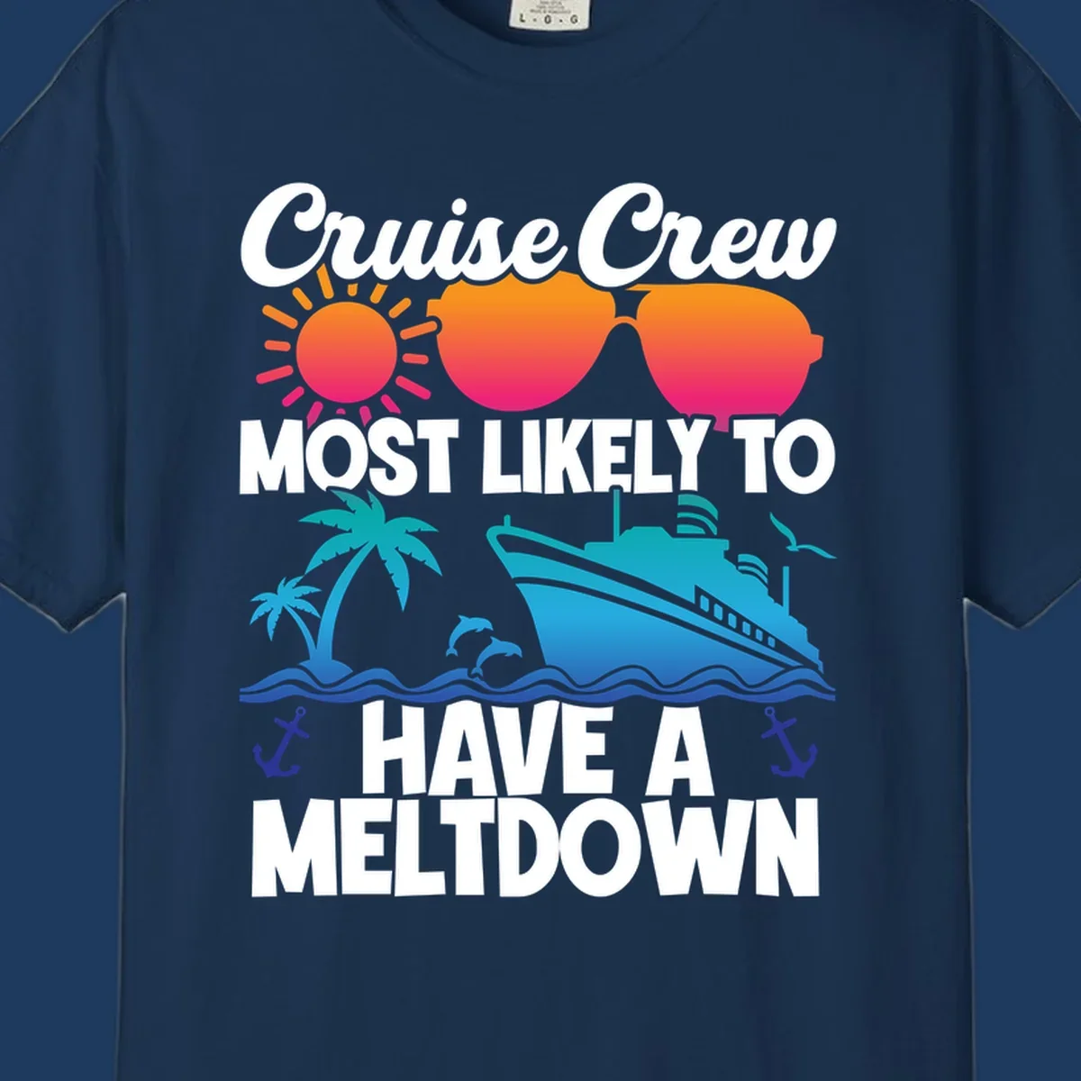 Colorful cruise crew meltdown design with heart sunglasses, sun, palm tree, ship, and ocean waves on gray background