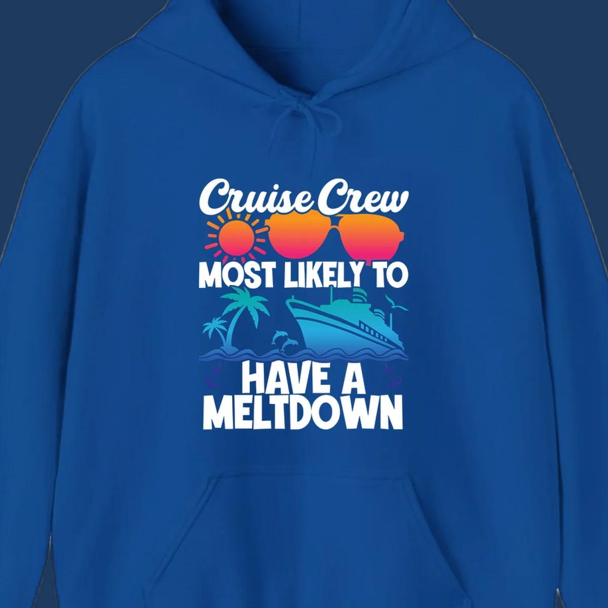 Colorful cruise crew meltdown design with heart sunglasses, sun, palm tree, ship, and ocean waves on gray background