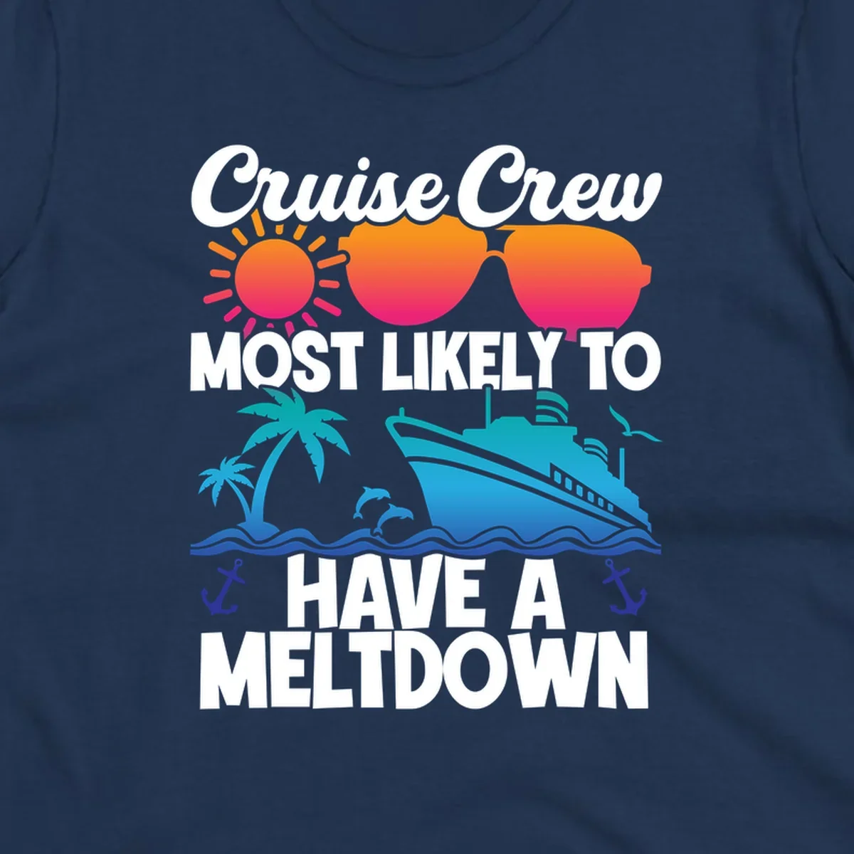 Colorful cruise crew meltdown design with heart sunglasses, sun, palm tree, ship, and ocean waves on gray background