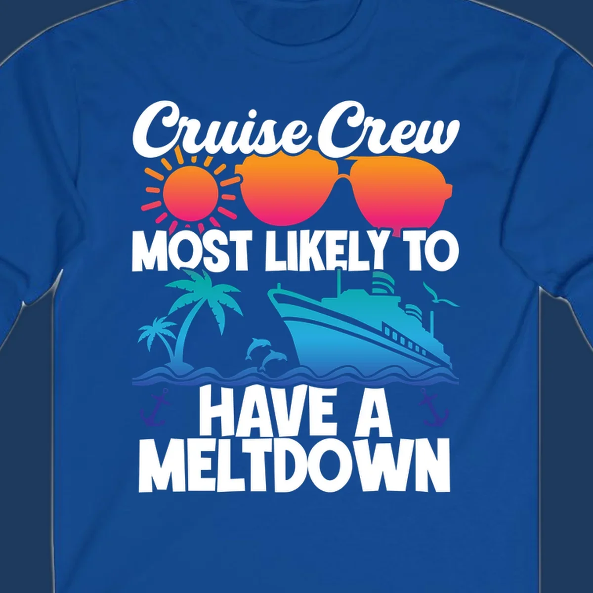 Colorful cruise crew meltdown design with heart sunglasses, sun, palm tree, ship, and ocean waves on gray background