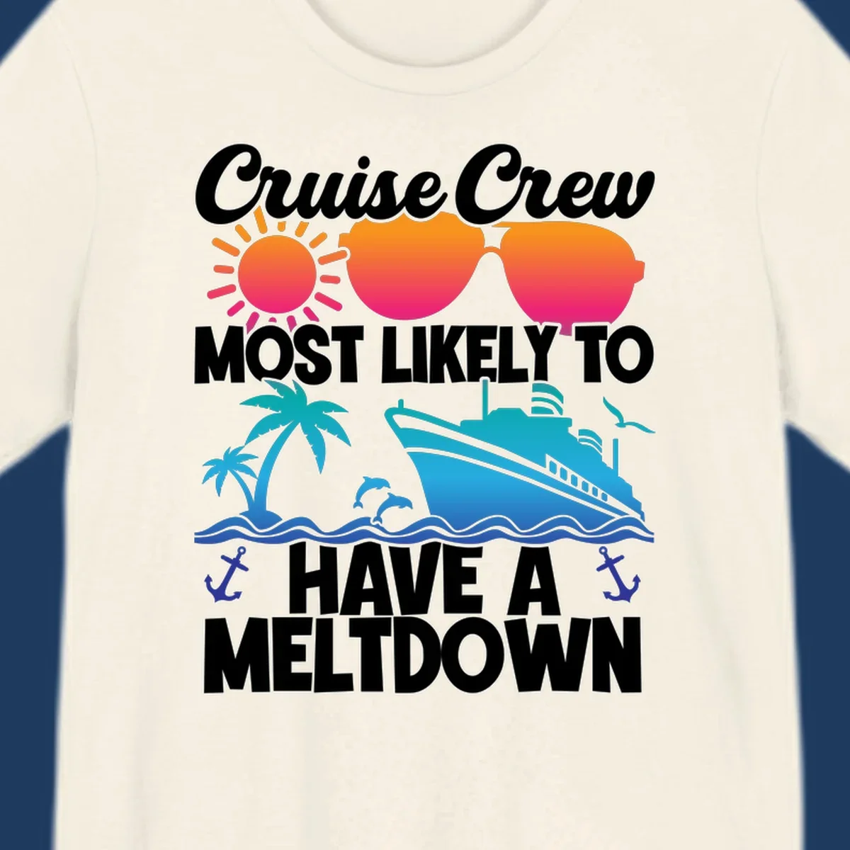 Colorful cruise crew meltdown design with heart sunglasses, sun, palm tree, ship, and ocean waves on gray background