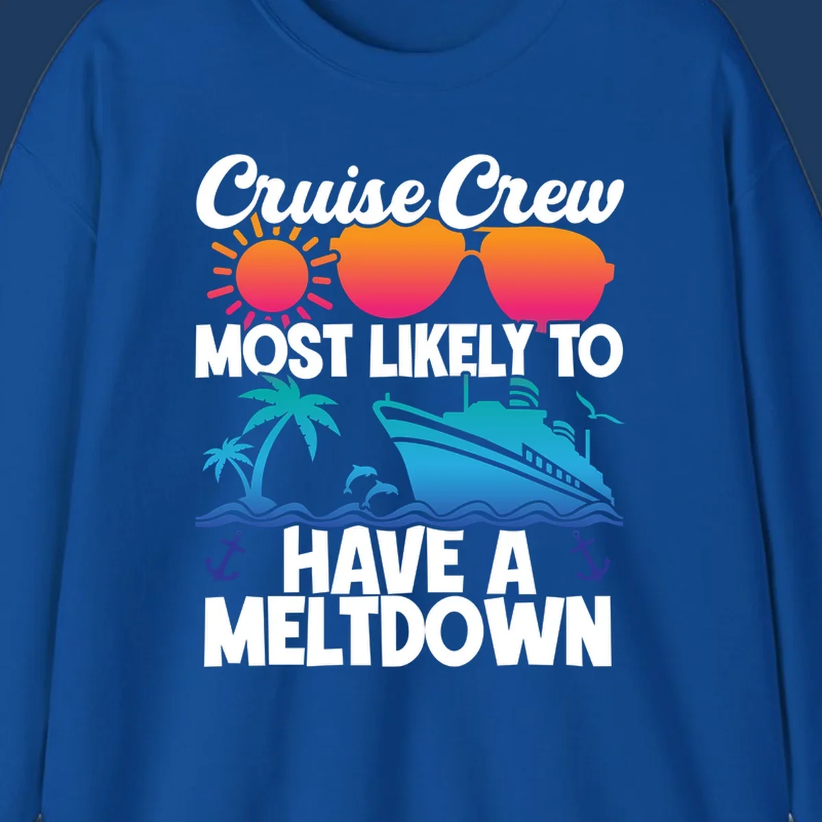 Colorful cruise crew meltdown design with heart sunglasses, sun, palm tree, ship, and ocean waves on gray background