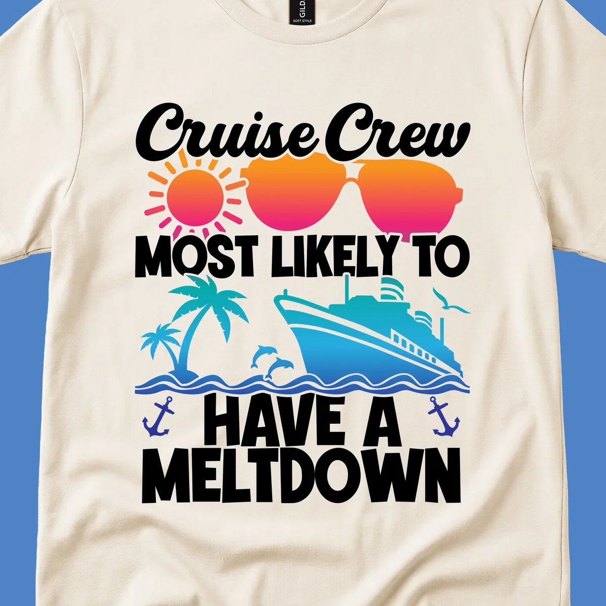 Colorful cruise crew meltdown design with heart sunglasses, sun, palm tree, ship, and ocean waves on gray background