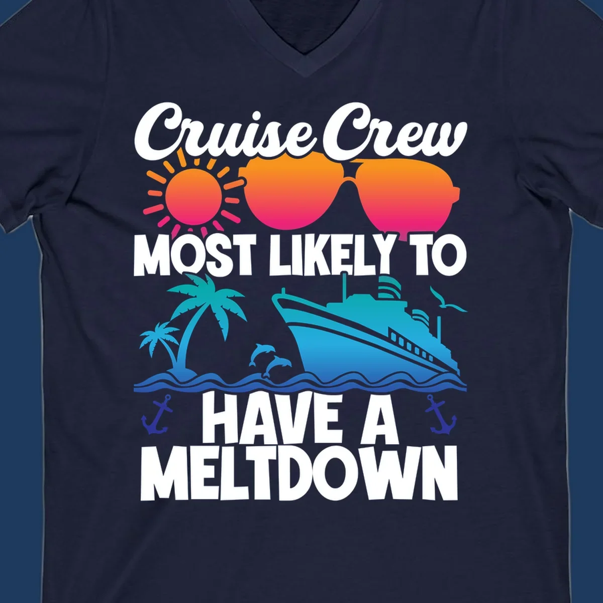 Colorful cruise crew meltdown design with heart sunglasses, sun, palm tree, ship, and ocean waves on gray background