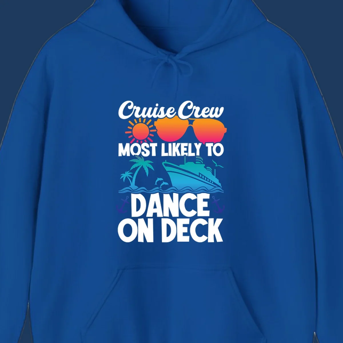 Colorful cruise design with sun, sunglasses, ship, and palm trees with text reading 'Cruise Crew Most Likely To Dance On Deck'