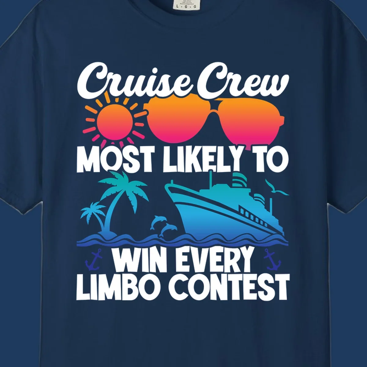 Cruise crew limbo contest design with colorful sun, sunglasses, palm trees, cruise ship, and ocean waves on gray background