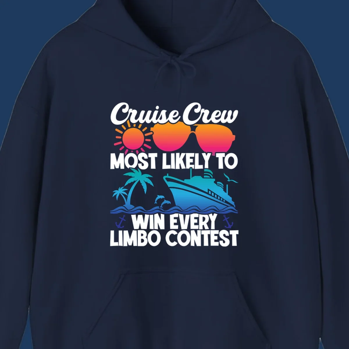 Cruise crew limbo contest design with colorful sun, sunglasses, palm trees, cruise ship, and ocean waves on gray background