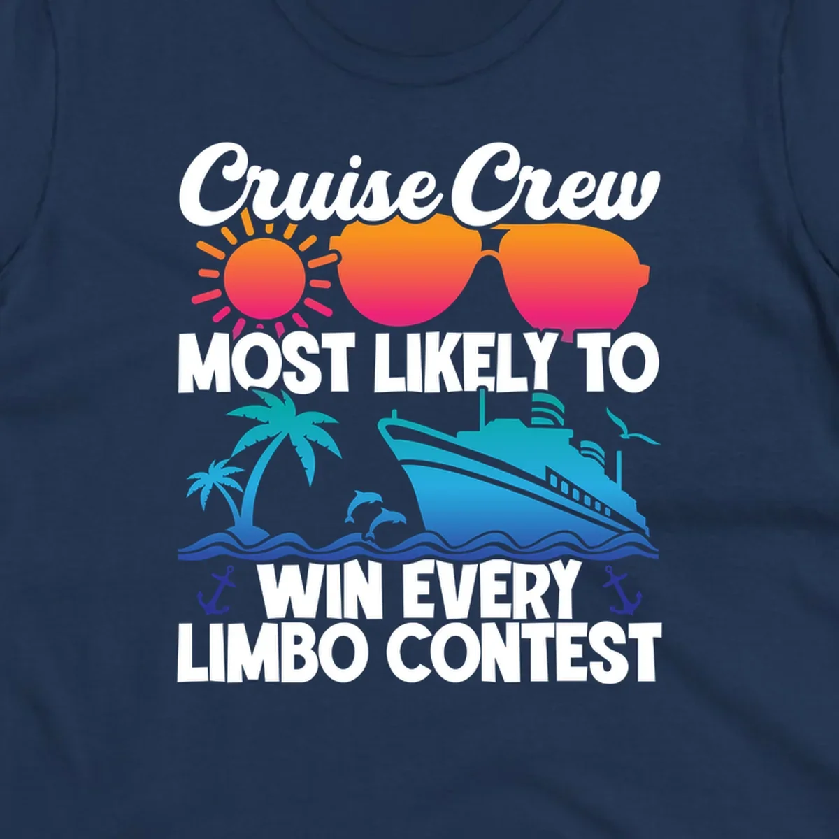 Cruise crew limbo contest design with colorful sun, sunglasses, palm trees, cruise ship, and ocean waves on gray background