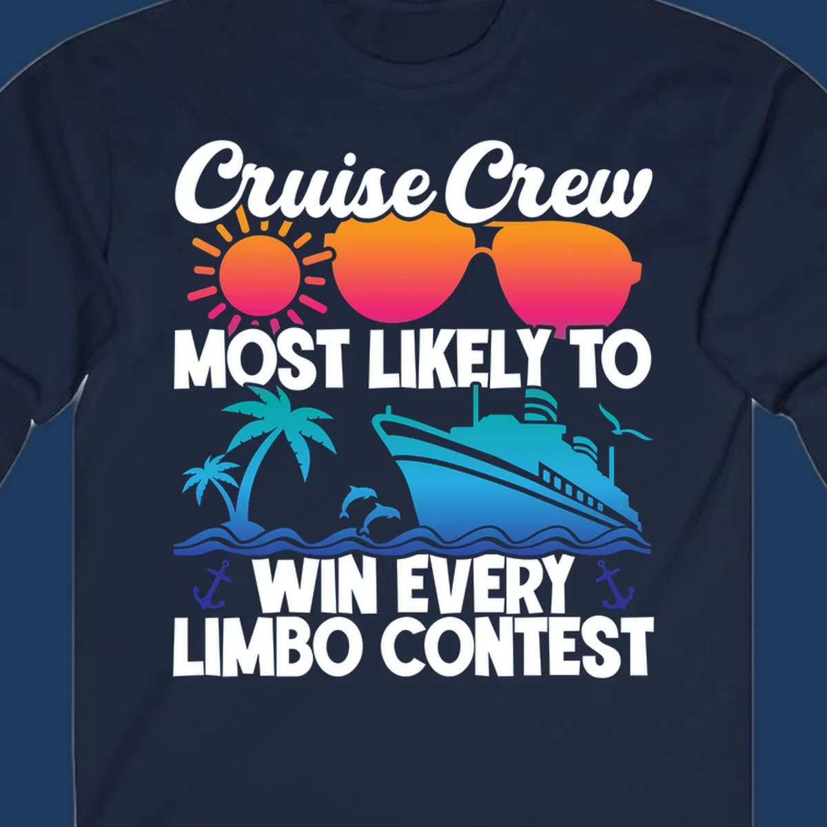 Cruise crew limbo contest design with colorful sun, sunglasses, palm trees, cruise ship, and ocean waves on gray background