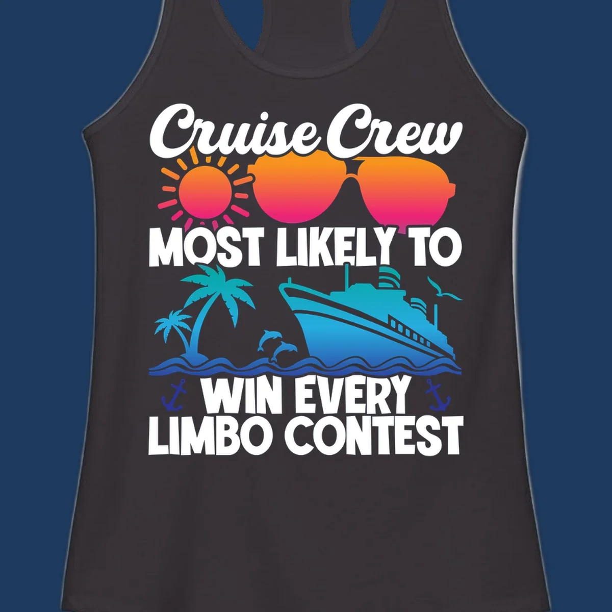 Cruise crew limbo contest design with colorful sun, sunglasses, palm trees, cruise ship, and ocean waves on gray background