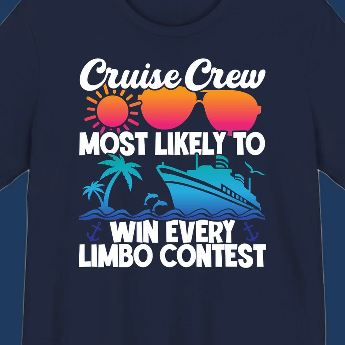 Cruise crew limbo contest design with colorful sun, sunglasses, palm trees, cruise ship, and ocean waves on gray background
