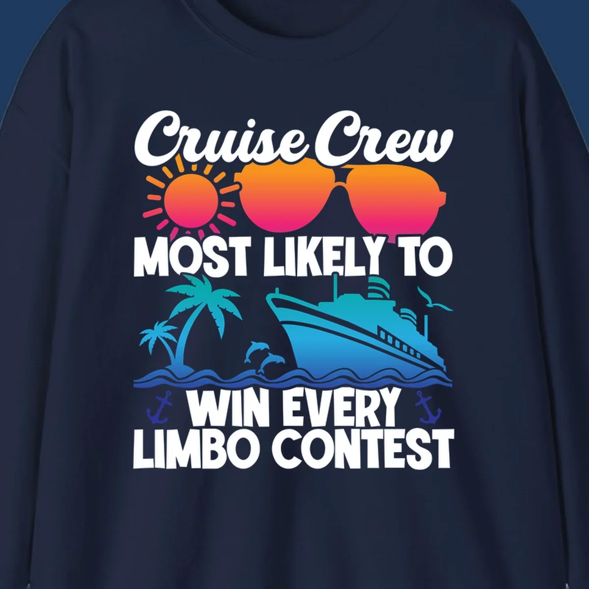 Cruise crew limbo contest design with colorful sun, sunglasses, palm trees, cruise ship, and ocean waves on gray background