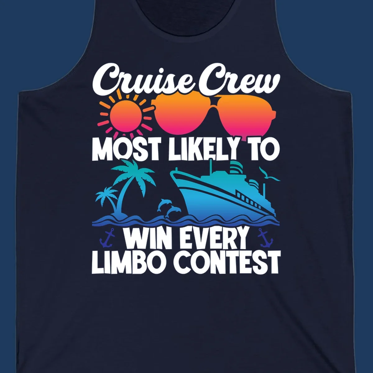 Cruise crew limbo contest design with colorful sun, sunglasses, palm trees, cruise ship, and ocean waves on gray background