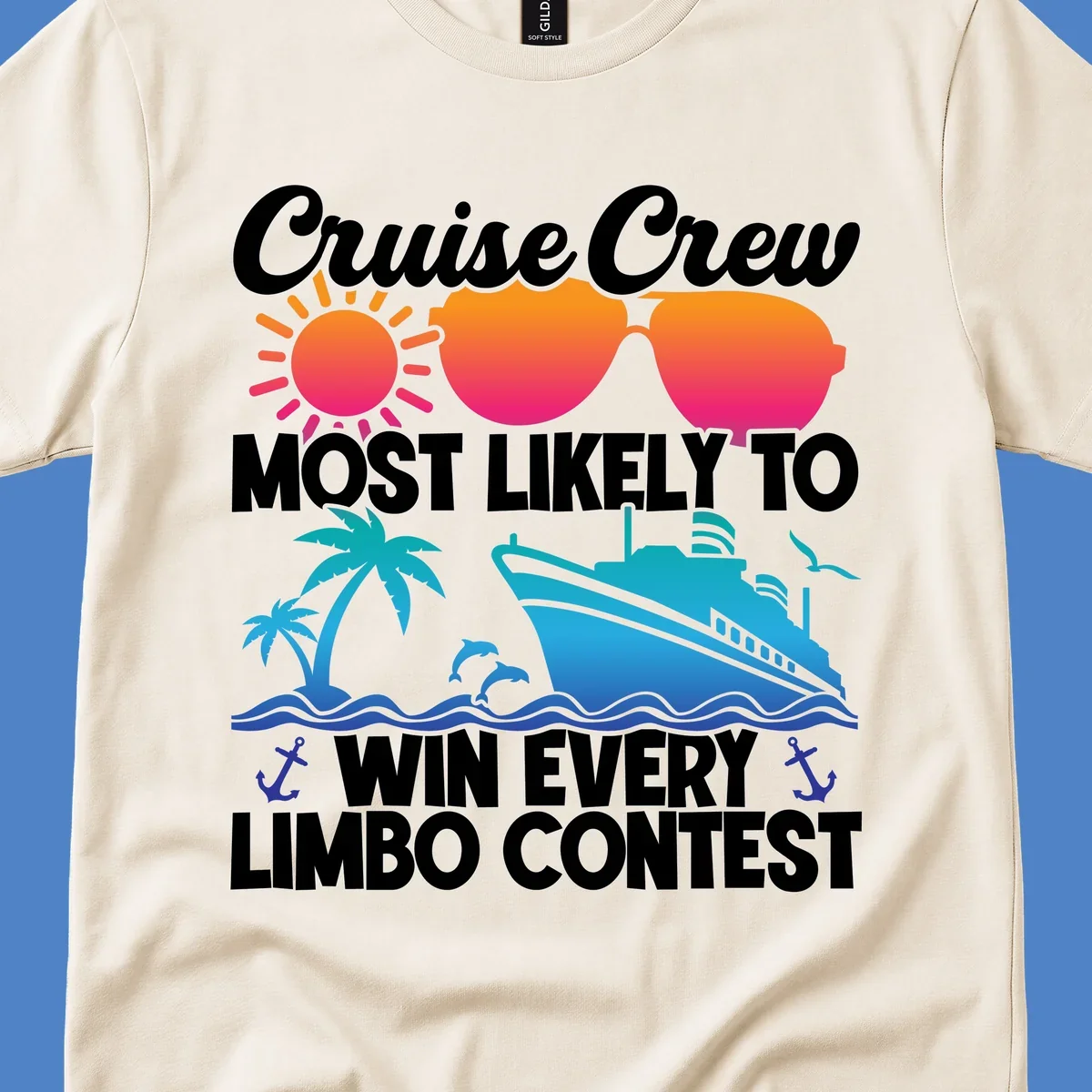 Cruise crew limbo contest design with colorful sun, sunglasses, palm trees, cruise ship, and ocean waves on gray background