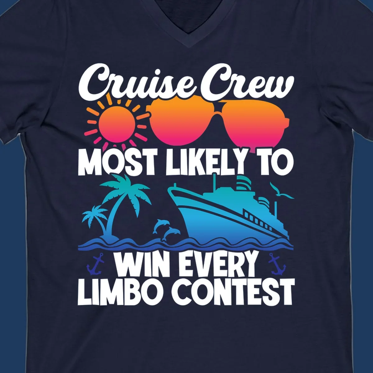 Cruise crew limbo contest design with colorful sun, sunglasses, palm trees, cruise ship, and ocean waves on gray background