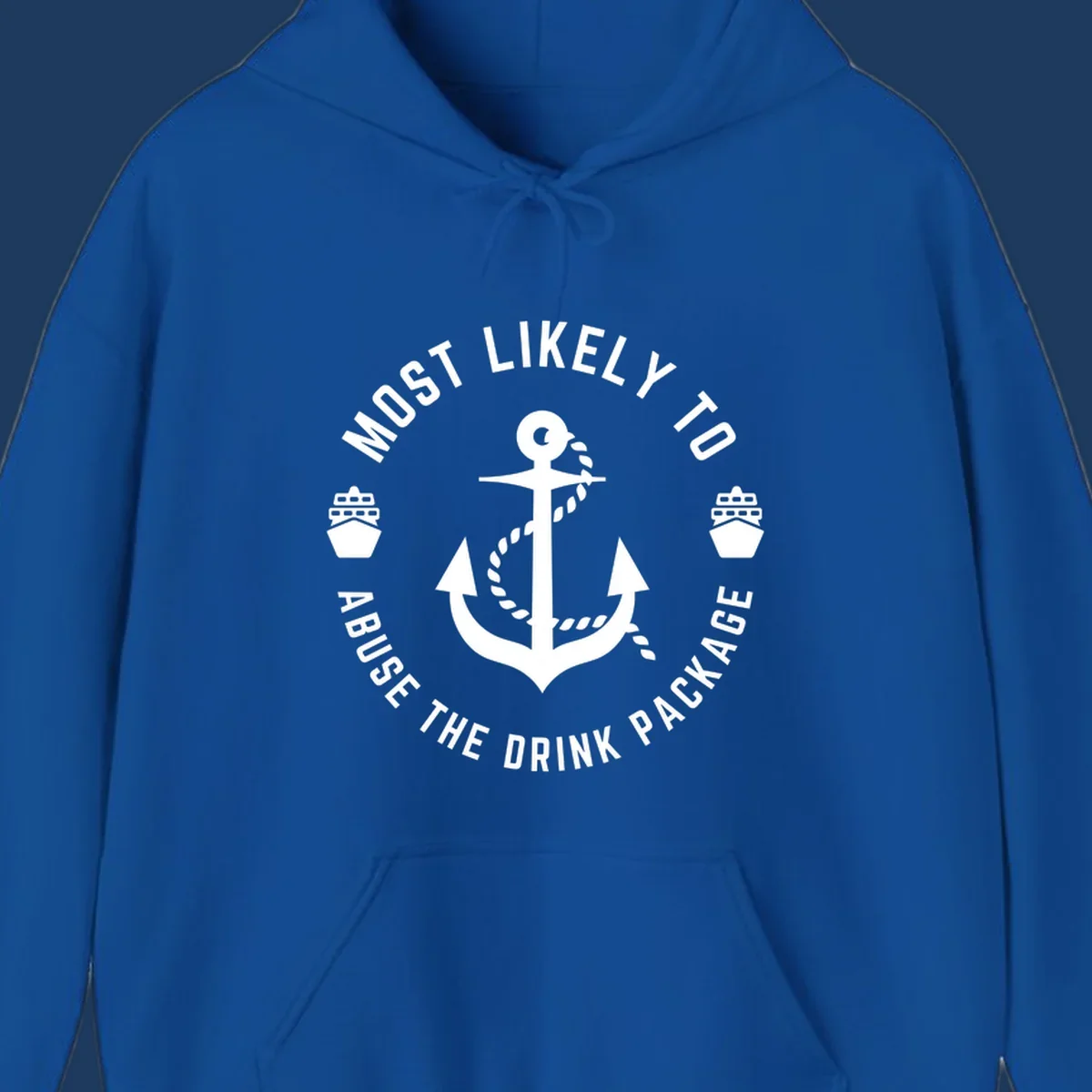 Nautical badge with anchor, rope, and ships showing 'Most Likely To Abuse The Drink Package' text in circular format