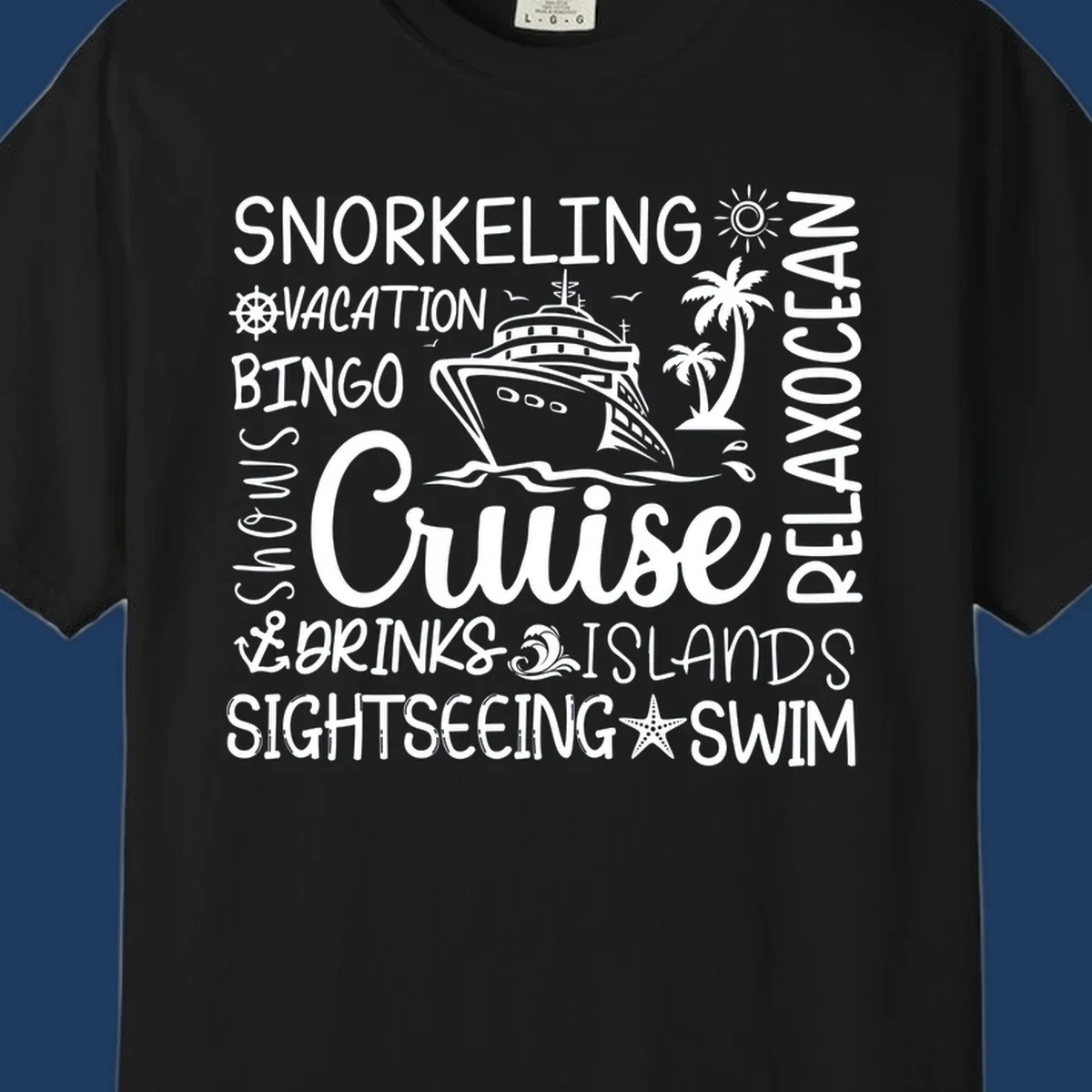Cruise vacation word cloud design featuring a ship, palm trees, and travel-themed words like snorkeling, drinks, and islands on gray background